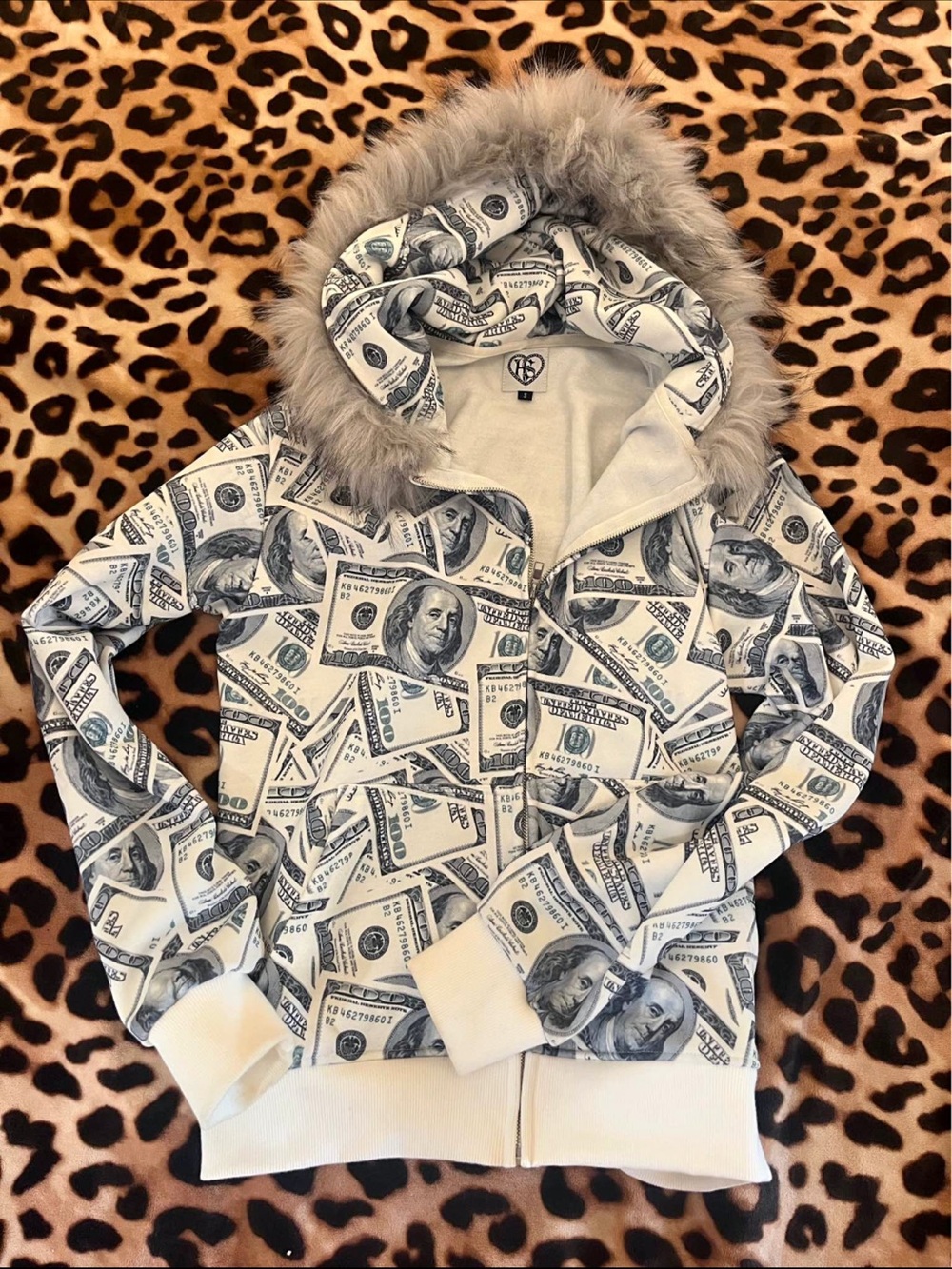 Money Print Fur-Trim Hoodie - White/Gray